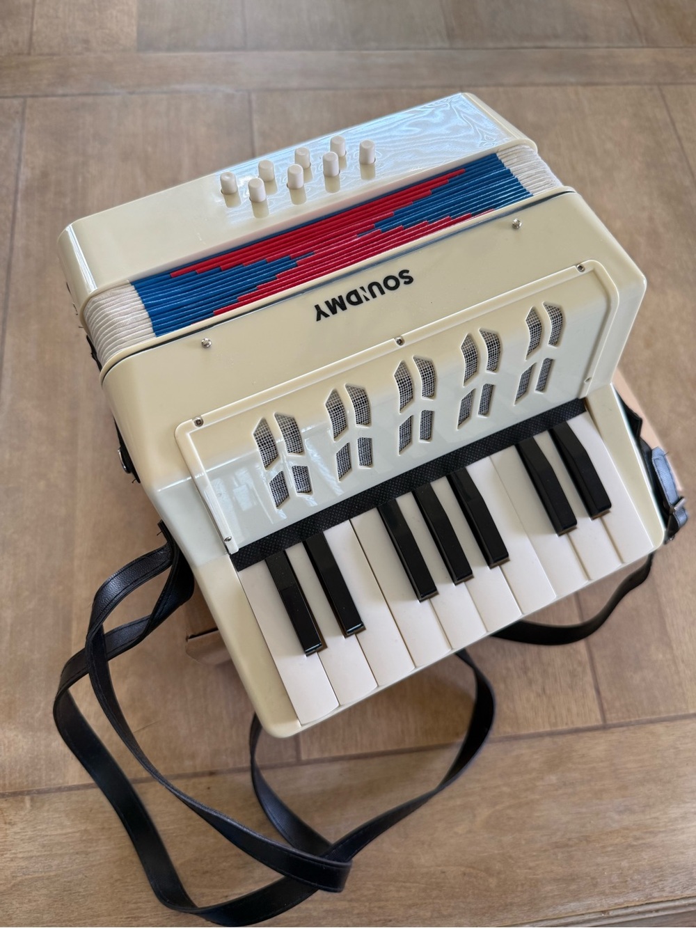 Kids Accordion Toy in Cream with Red & Blue Accents